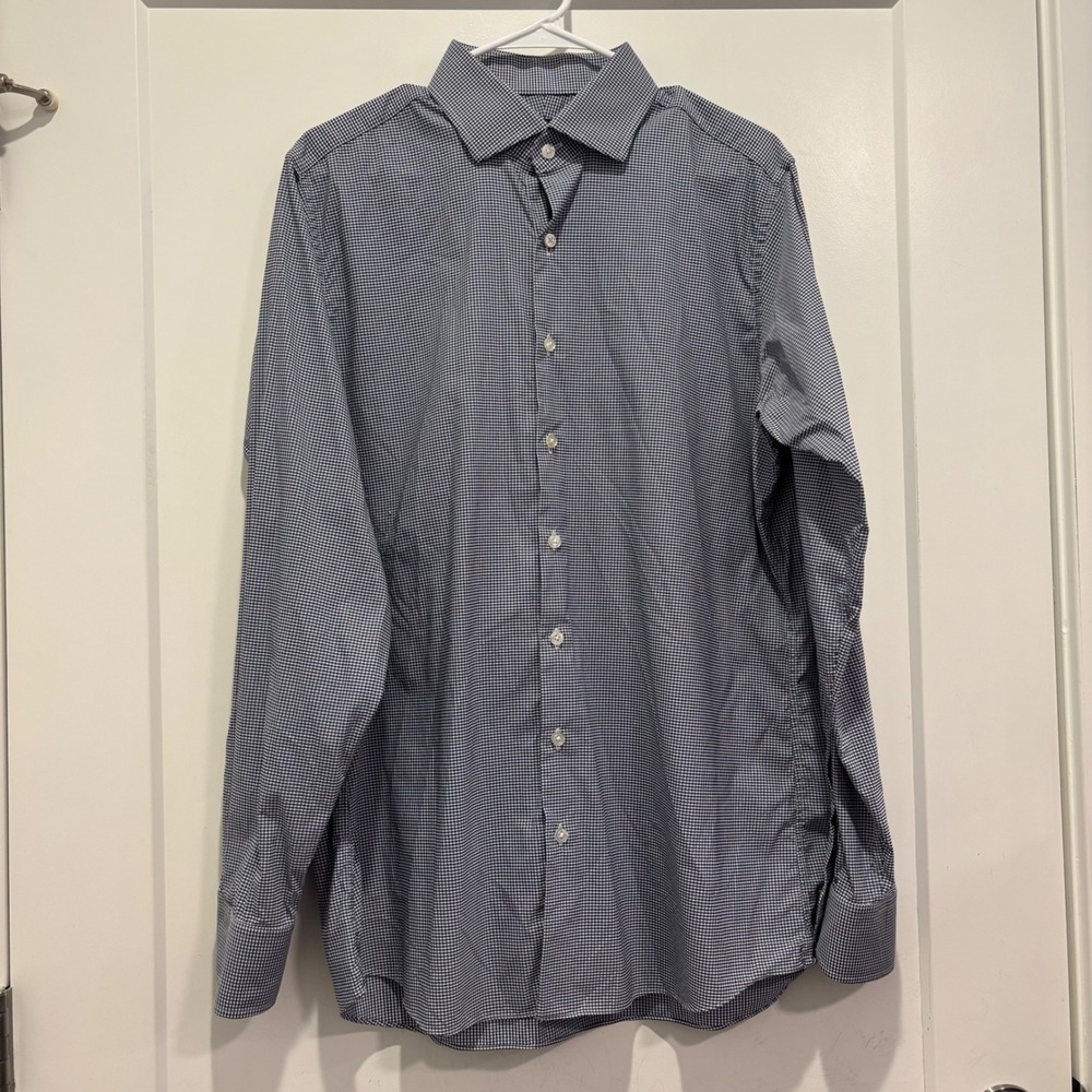 Proper Cloth Performance Mens Navy White Micro Gingham Button Down Shirt
